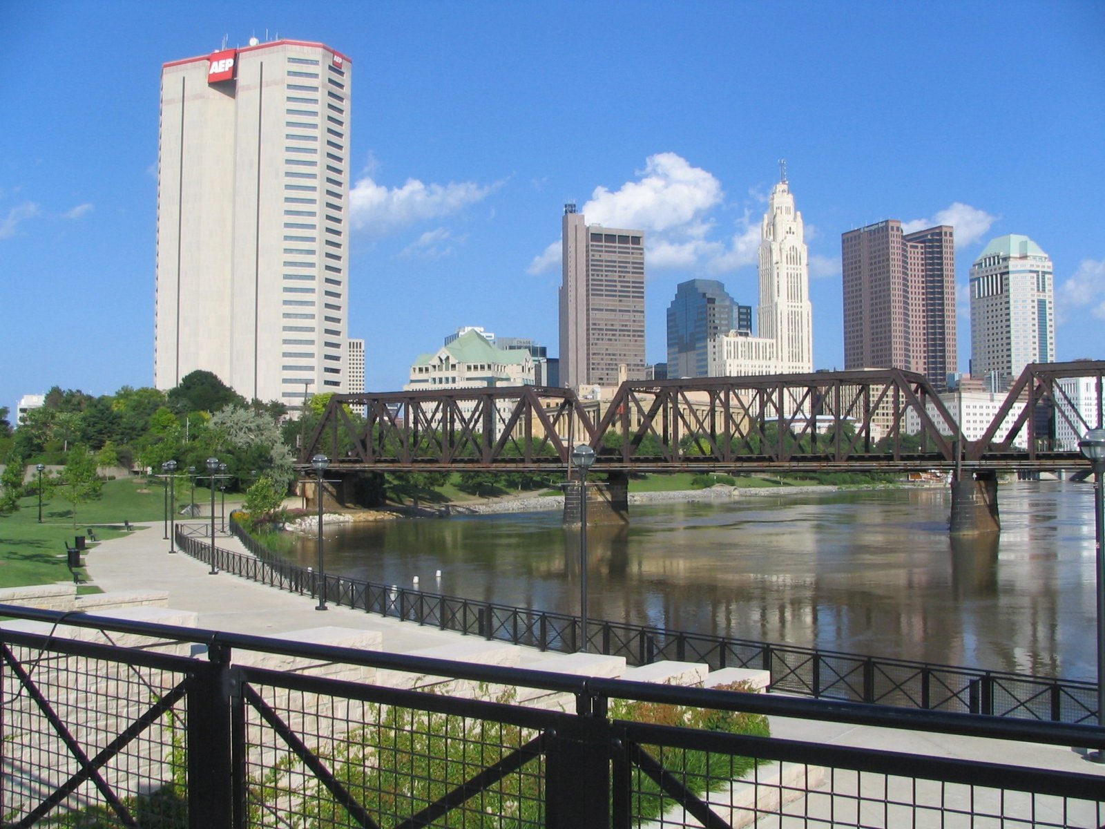 Downtown Columbus and the Scioto River, viewed from North Bank Park